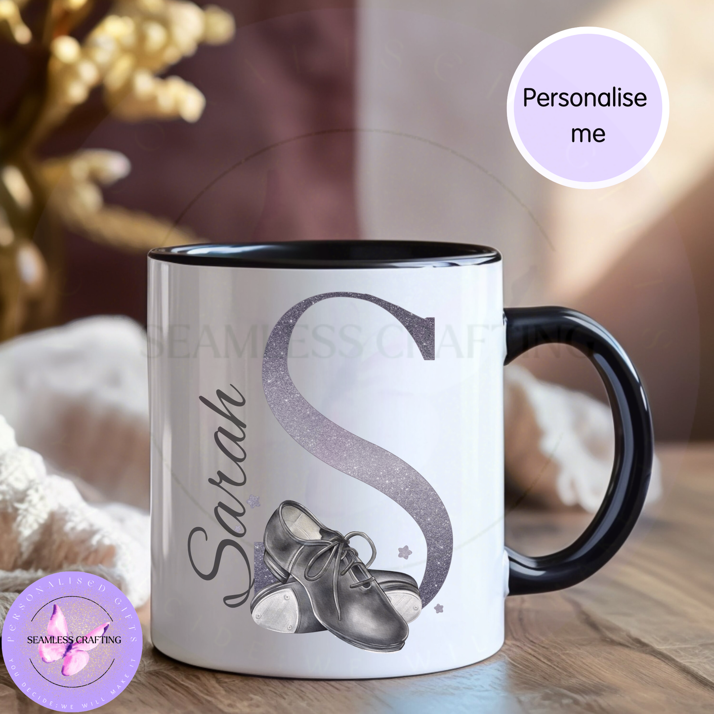 Personalised tap dance mug with name Bella and initial B tap shoes design