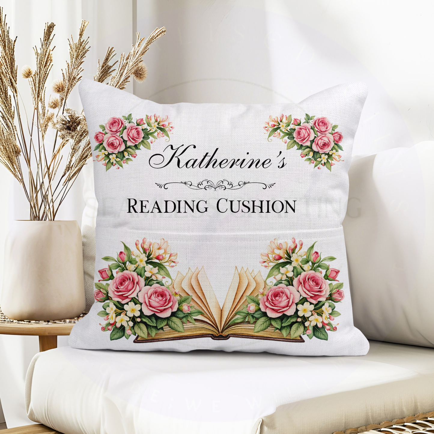 Personalised June Birth Flower Reading Cushion – Rose & Honeysuckle Book Pocket Pillow