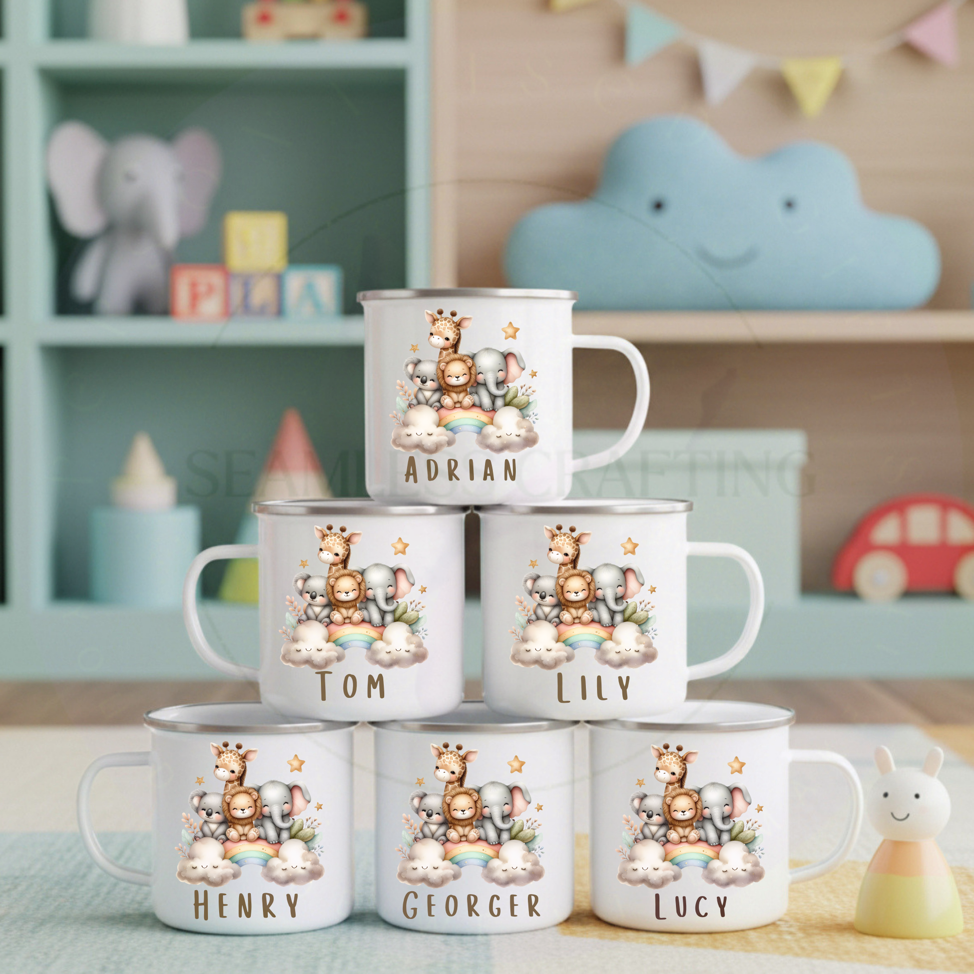 Stack of personalised safari animal enamel mugs with children's names