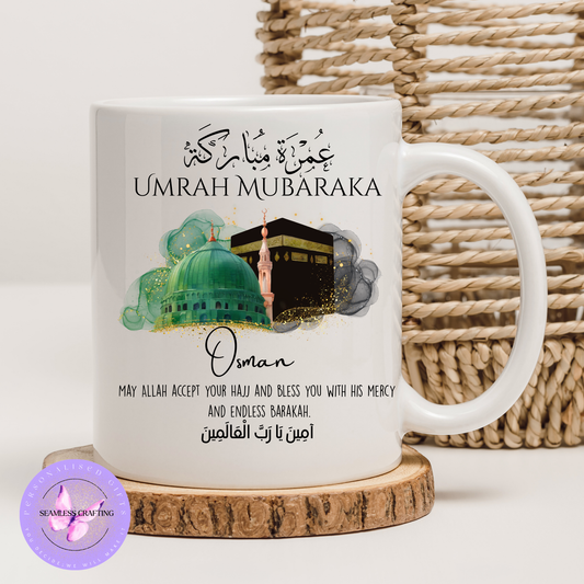 Personalised Hajj or Umrah Mubarak Mug – White, Pink, or Blue Handle – Custom Islamic Gift with Name
