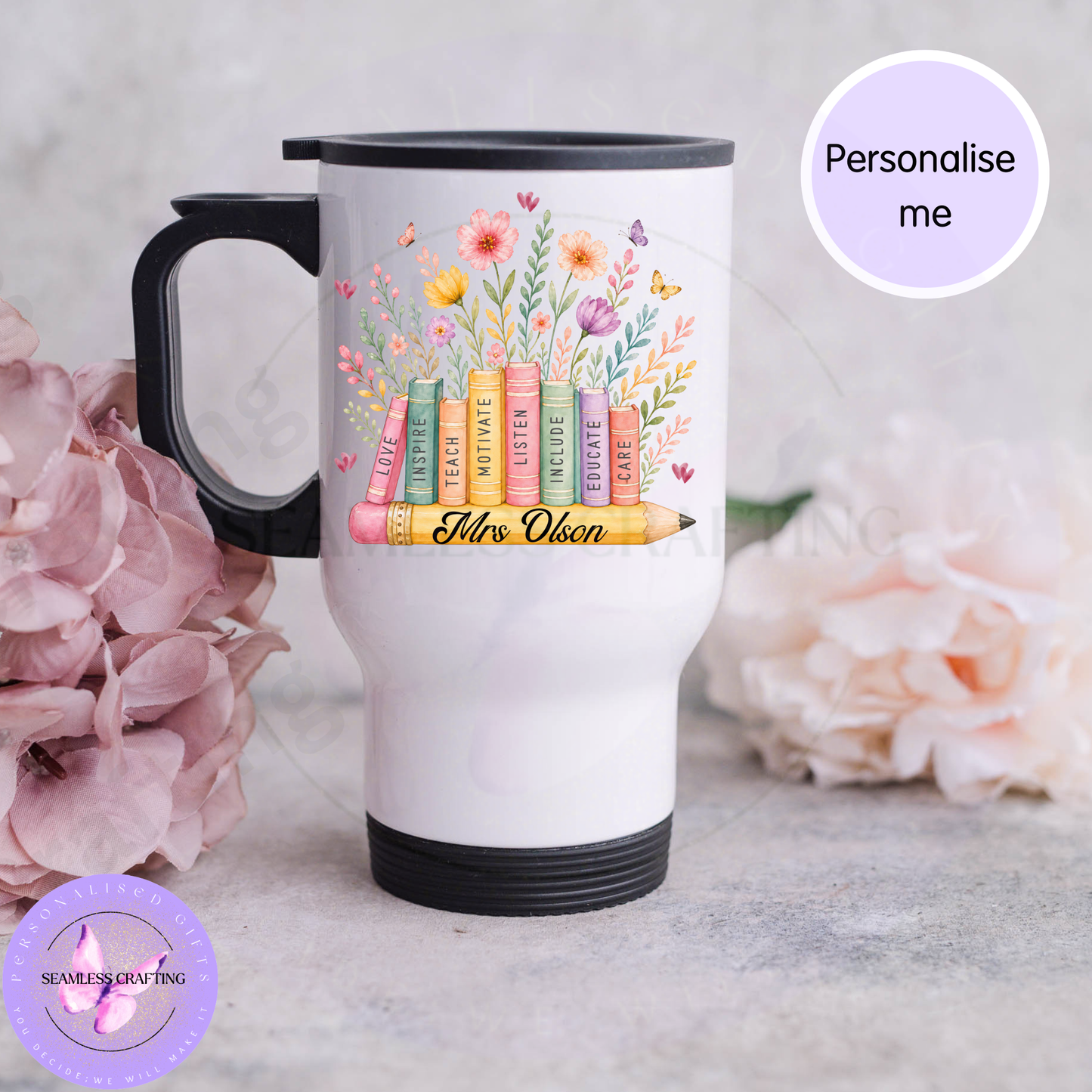 Teacher travel mug with custom name, colourful books and flowers design, BPA free stainless steel option