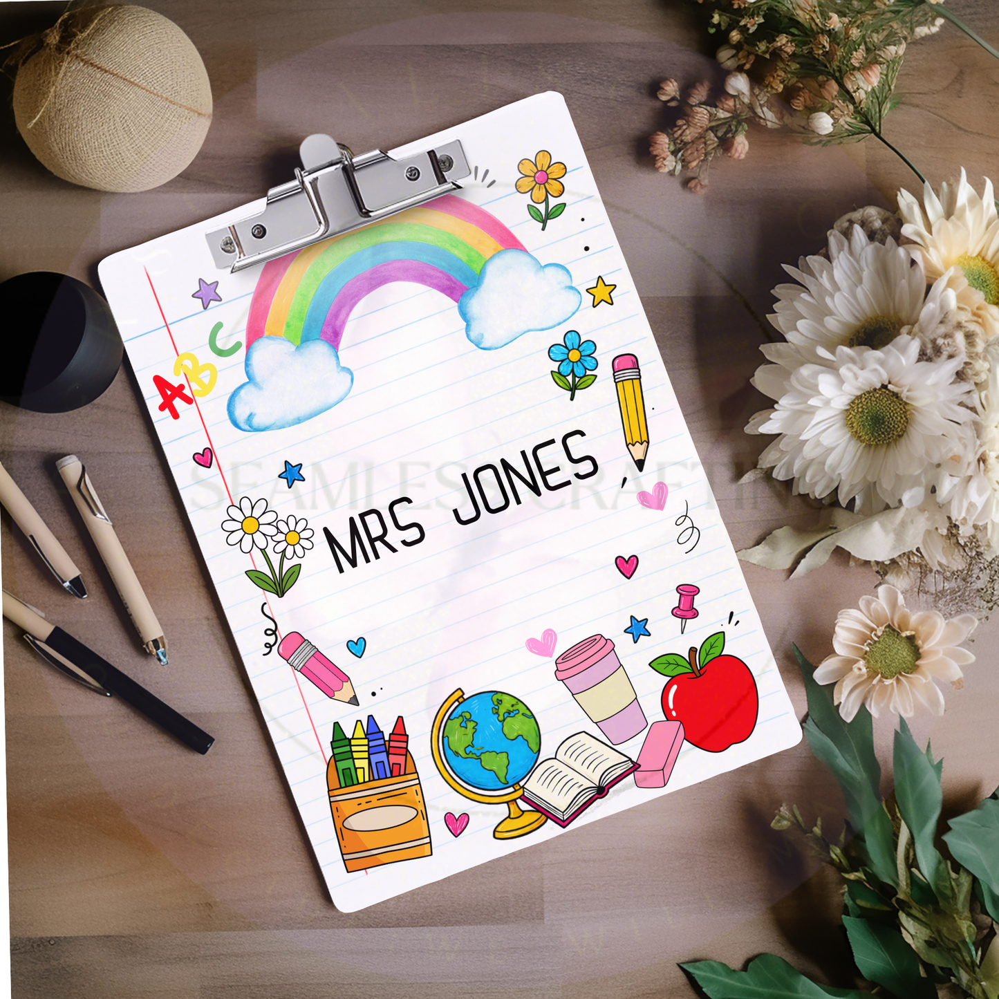 Rainbow teacher clipboard with custom name on lined paper design