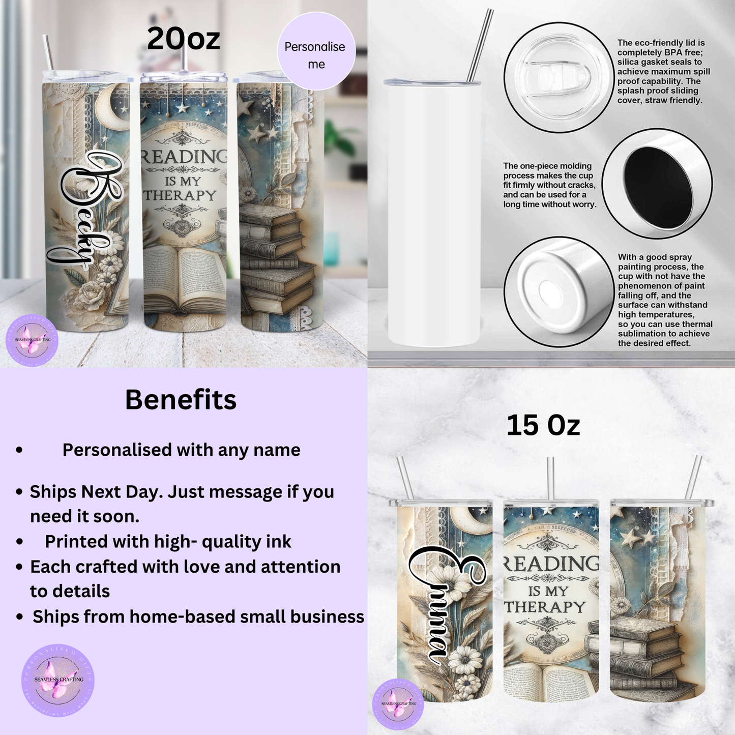 Personalised Reading Is My Therapy Tumbler – Book Lover Gift – Custom Name 15oz or 20oz Stainless Steel Cup