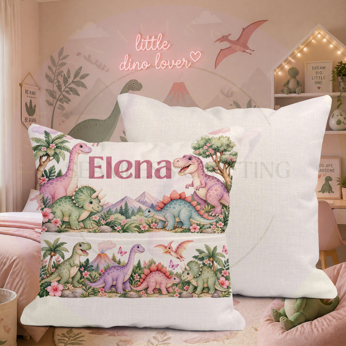 Girls dinosaur reading cushion with custom name and colourful dinosaur design