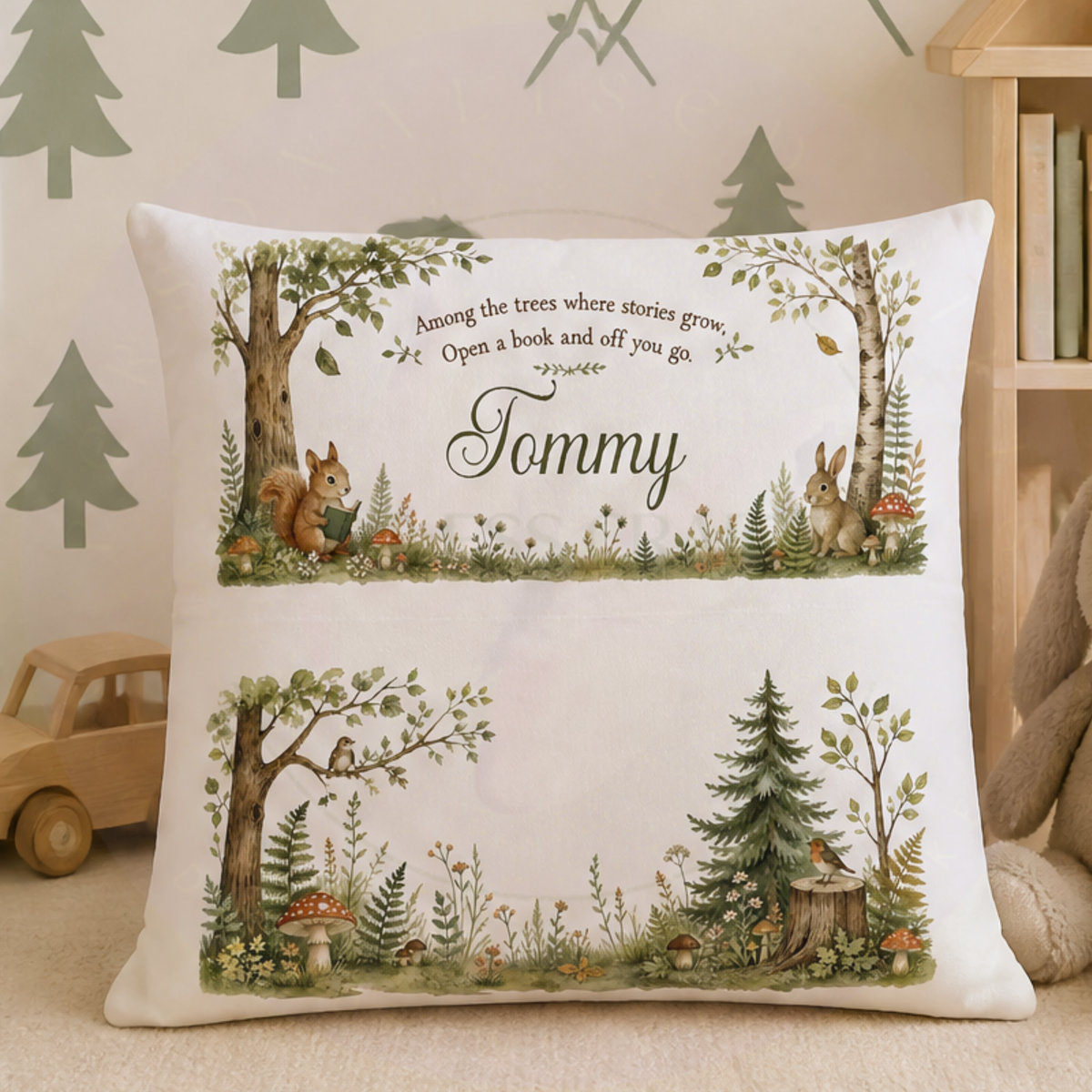 Personalised woodland reading cushion with book pocket displayed in cosy bedroom with fairy lights