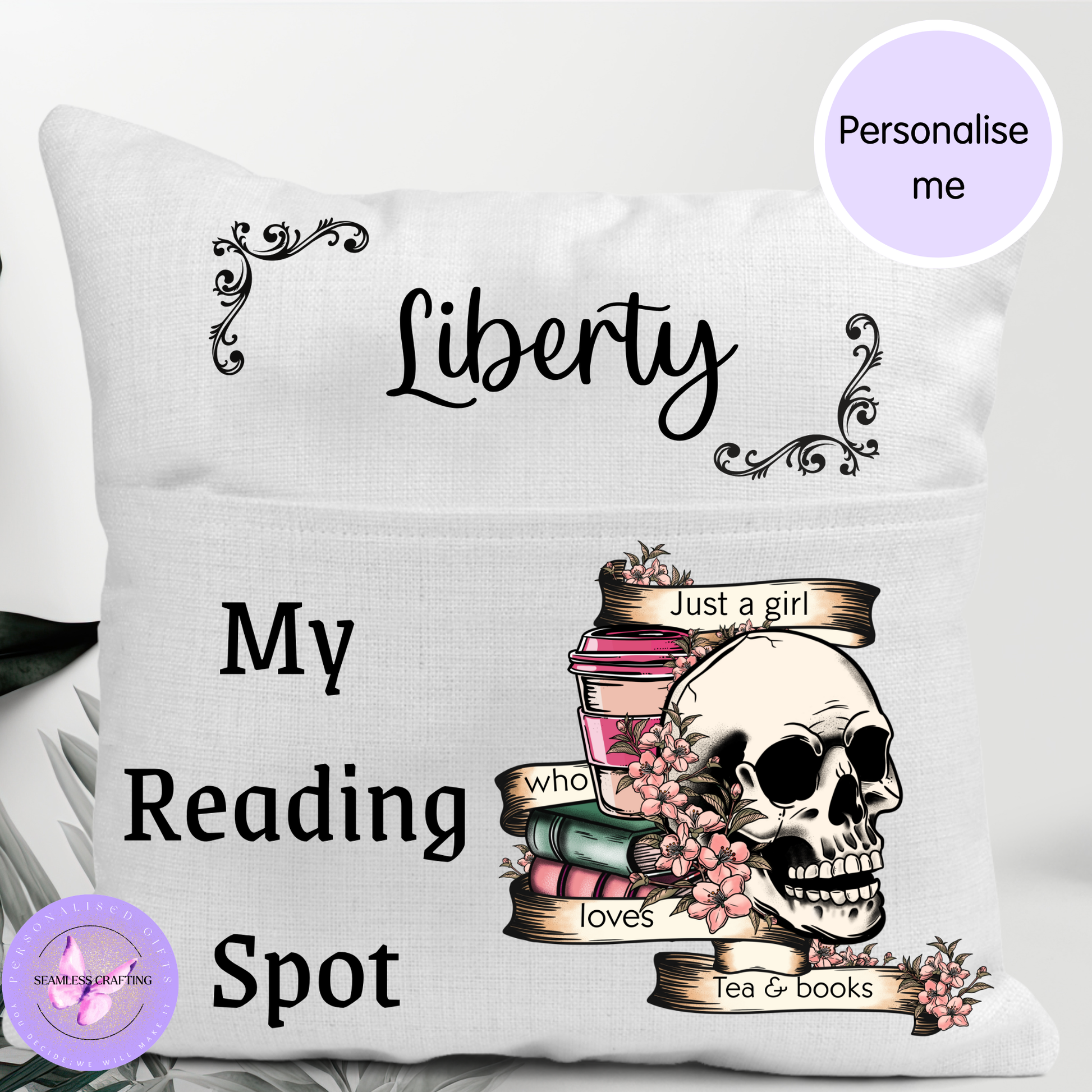 Personalised gothic reading cushion with pocket featuring skull book lover design and custom name, tea or coffee lover option