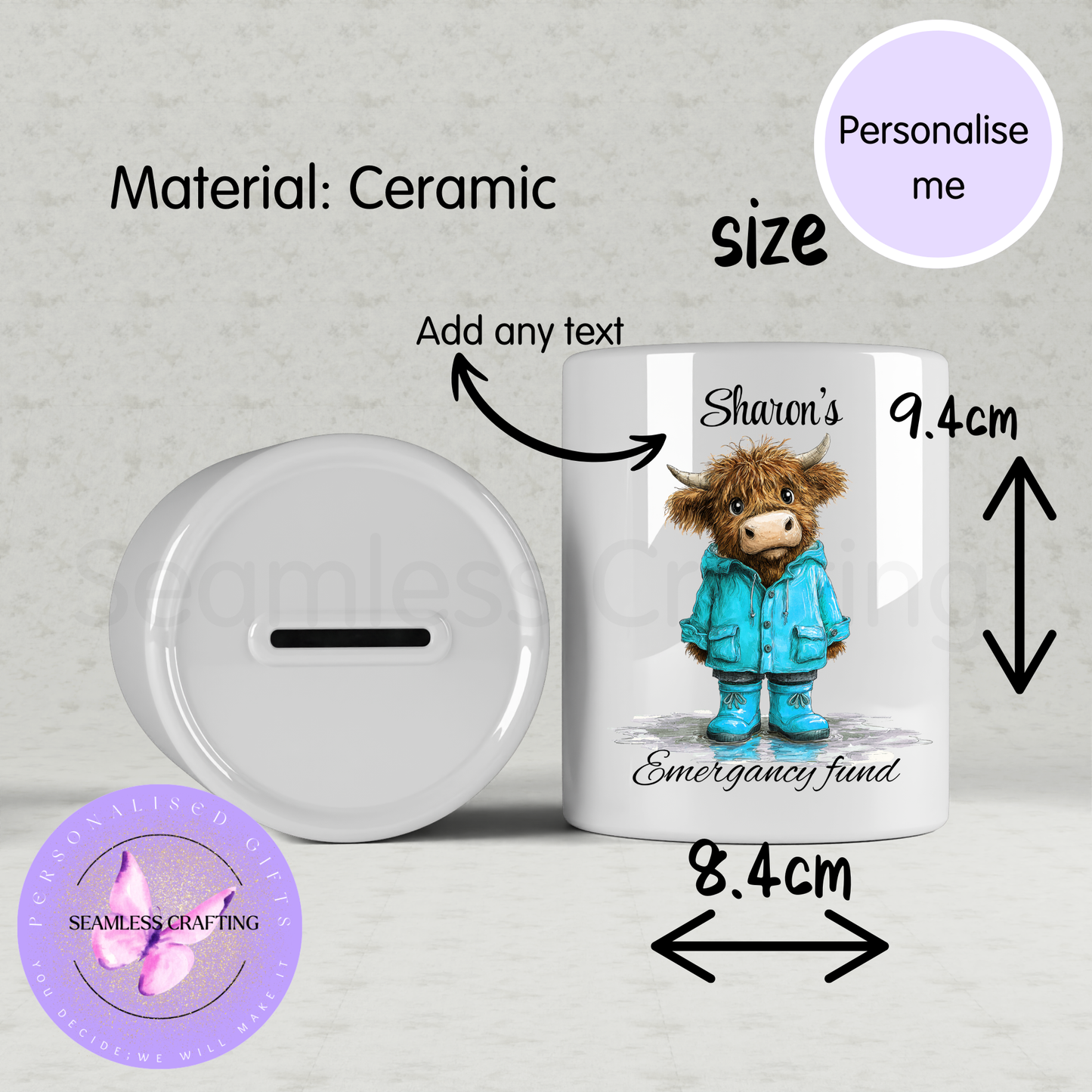 Personalised ceramic Highland cow money box with custom name and emergency fund text, showing coin slot, rubber stopper underneath, and size measurements of 9.4cm height and 8.4cm width