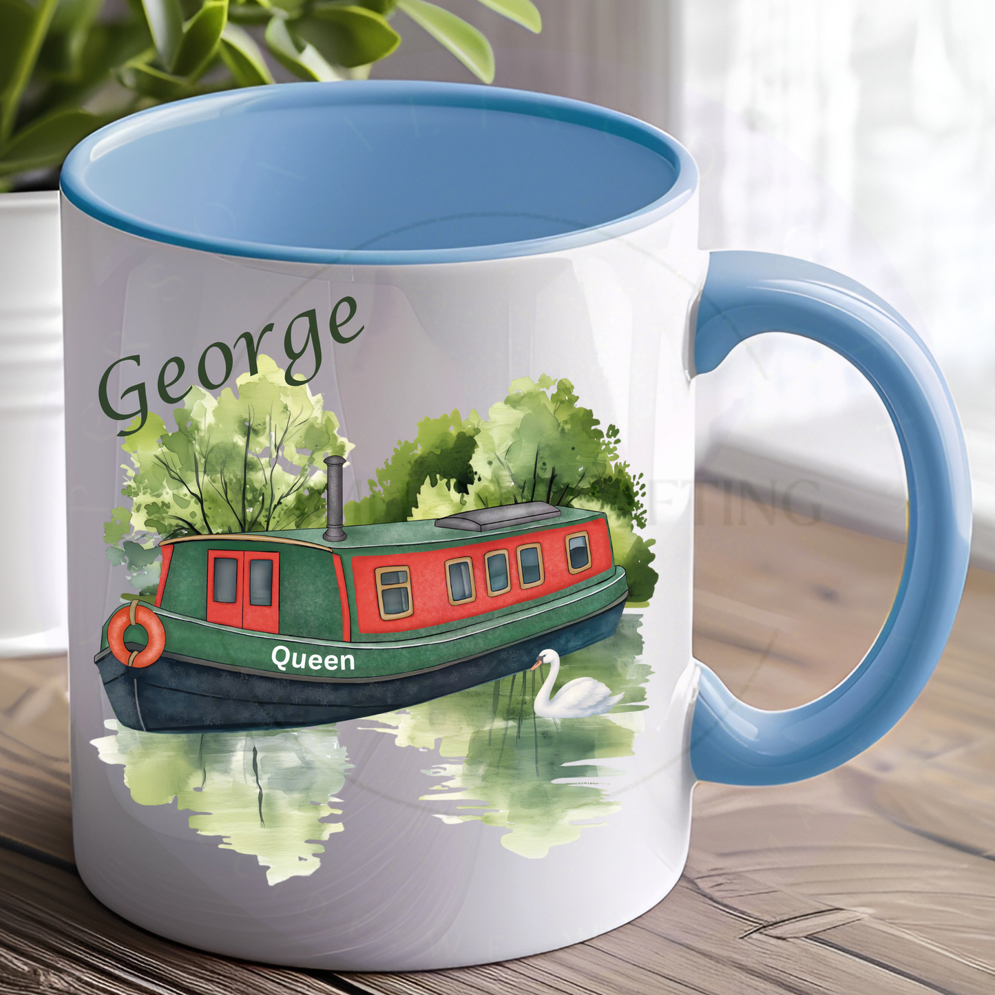 Personalised canal boat mug with blue and green narrowboat, swan and custom name