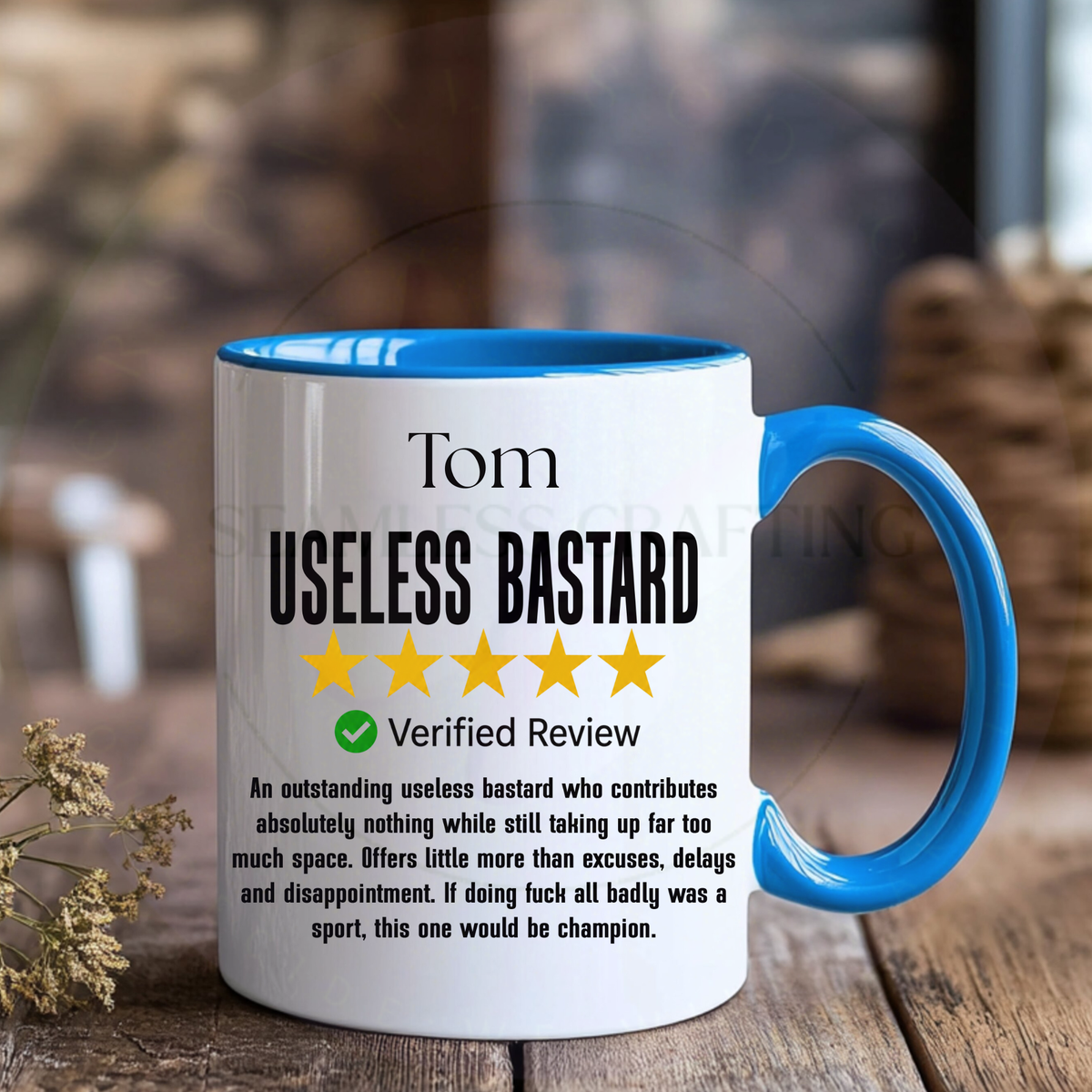 Personalised funny rude mug with blue handle, custom name and five-star review design