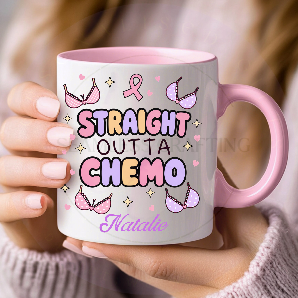 Close-up of pink handle Straight Outta Chemo mug personalised with the name Natalie