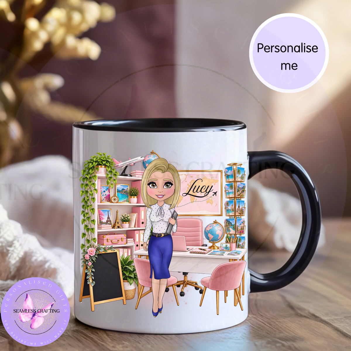 Personalised travel agent mug for her with custom blonde character, pink travel office and name Lucy