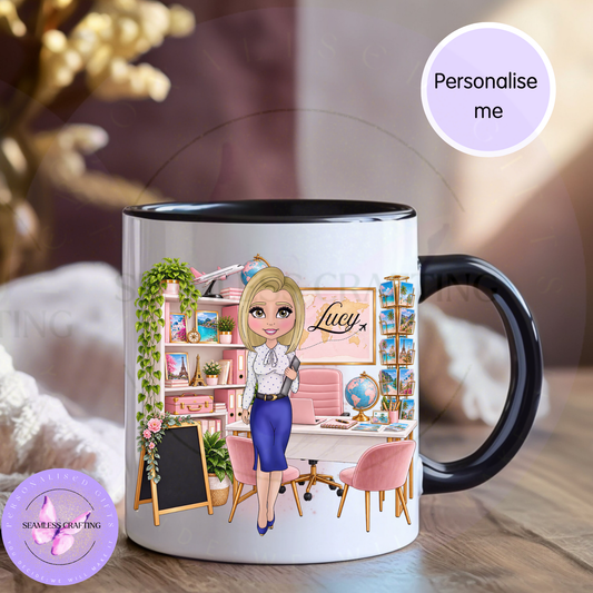 Personalised travel agent mug for her with custom blonde character, pink travel office and name Lucy