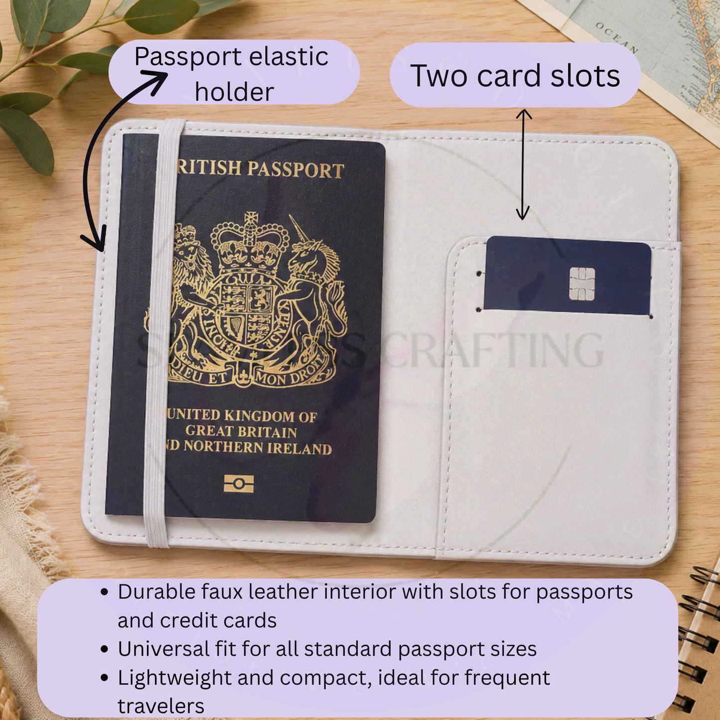 Inside kids passport holder showing elastic passport strap and two travel card slots