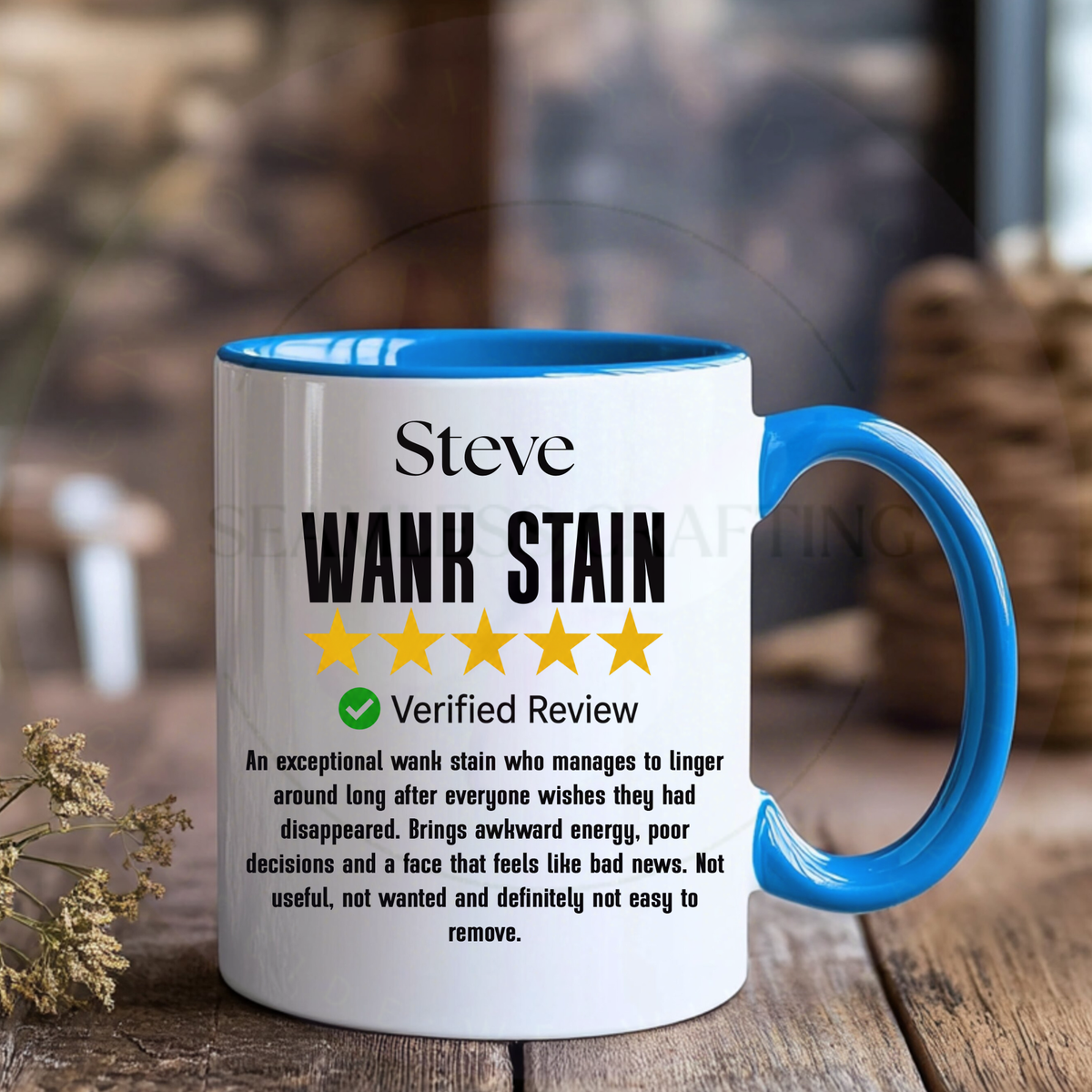 Personalised blue handle funny rude mug with Wank Stain verified review design