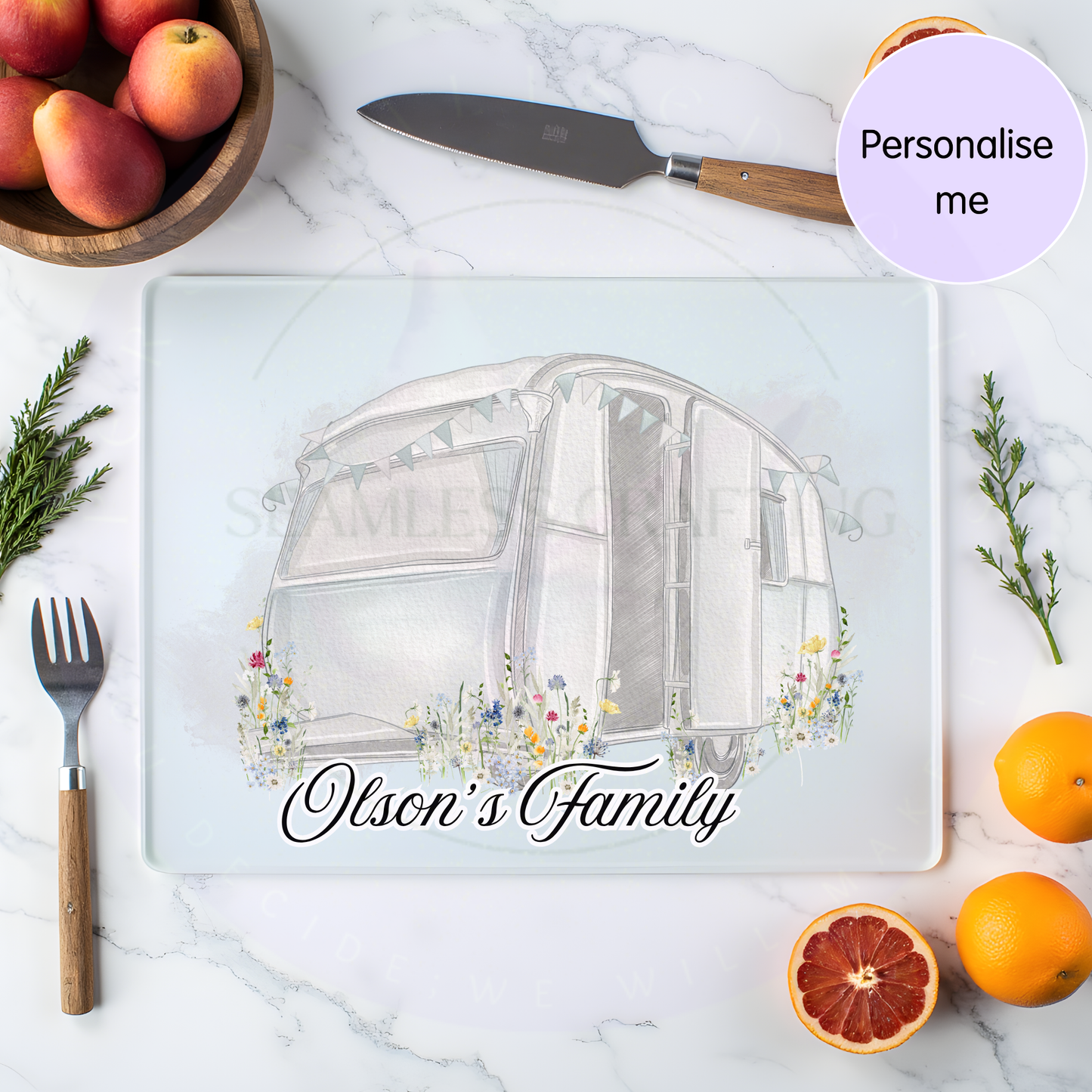 Wildflower caravan illustration on personalised glass chopping board with rustic kitchen style
