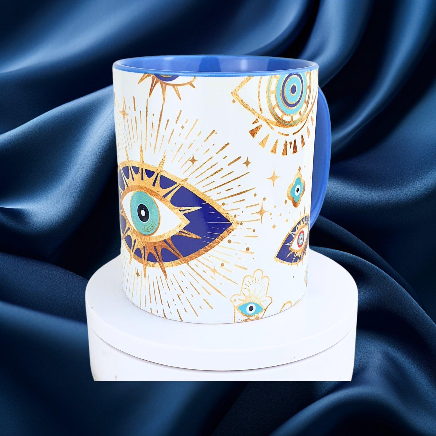 evil eye mug on display blue satin background spiritual protection coffee cup unique gift