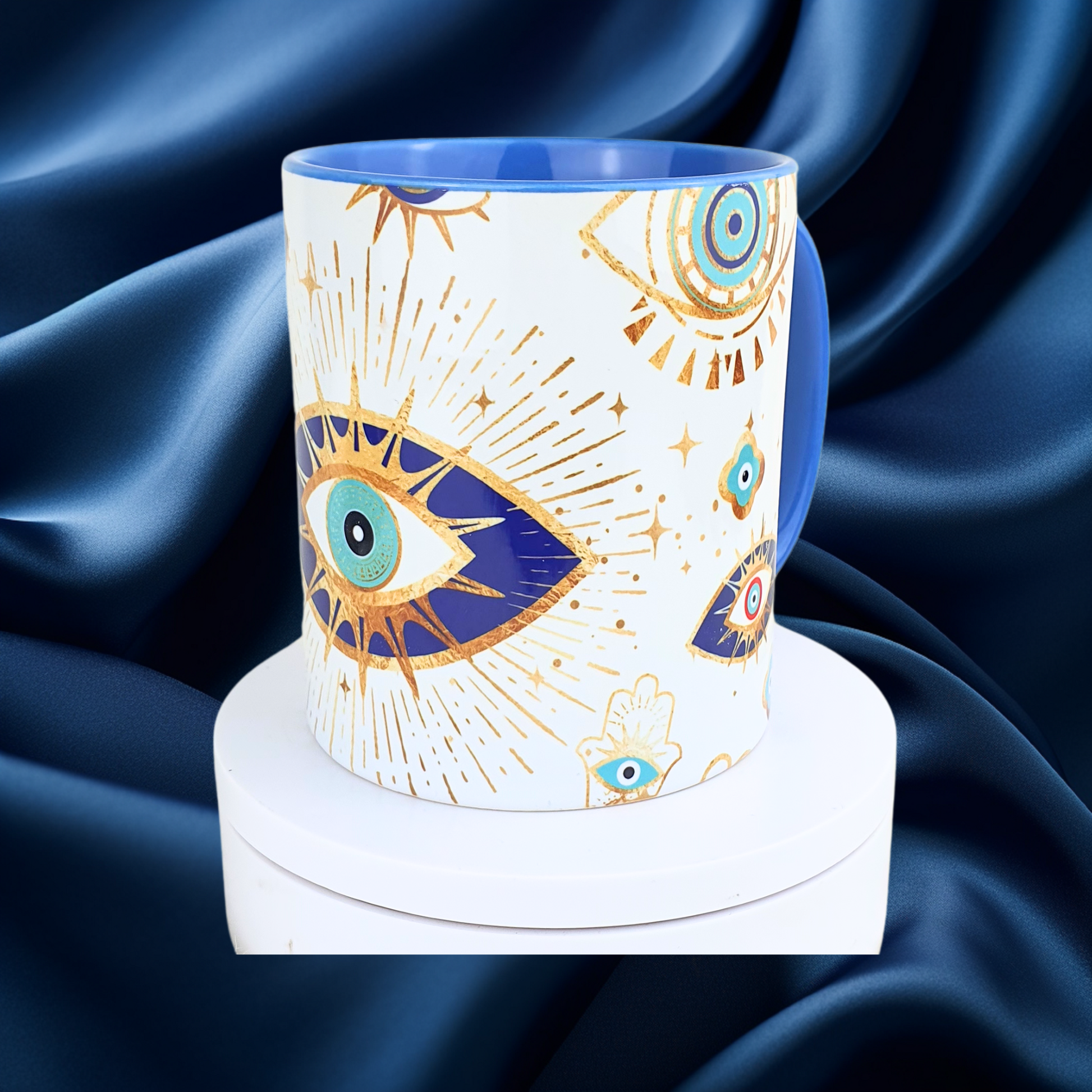 evil eye mug on display blue satin background spiritual protection coffee cup unique gift