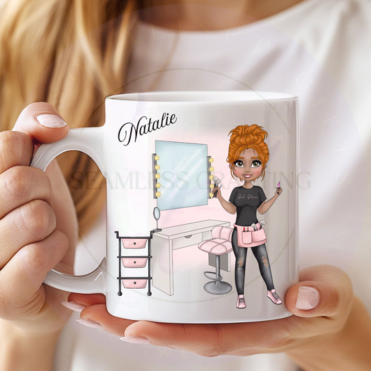 White ceramic mug with orange hair make up character and vanity illustration