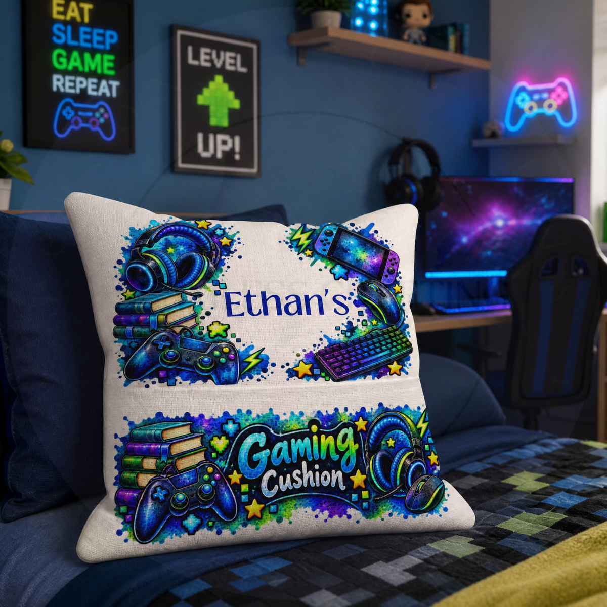 Personalised gaming cushion displayed in boys gaming bedroom