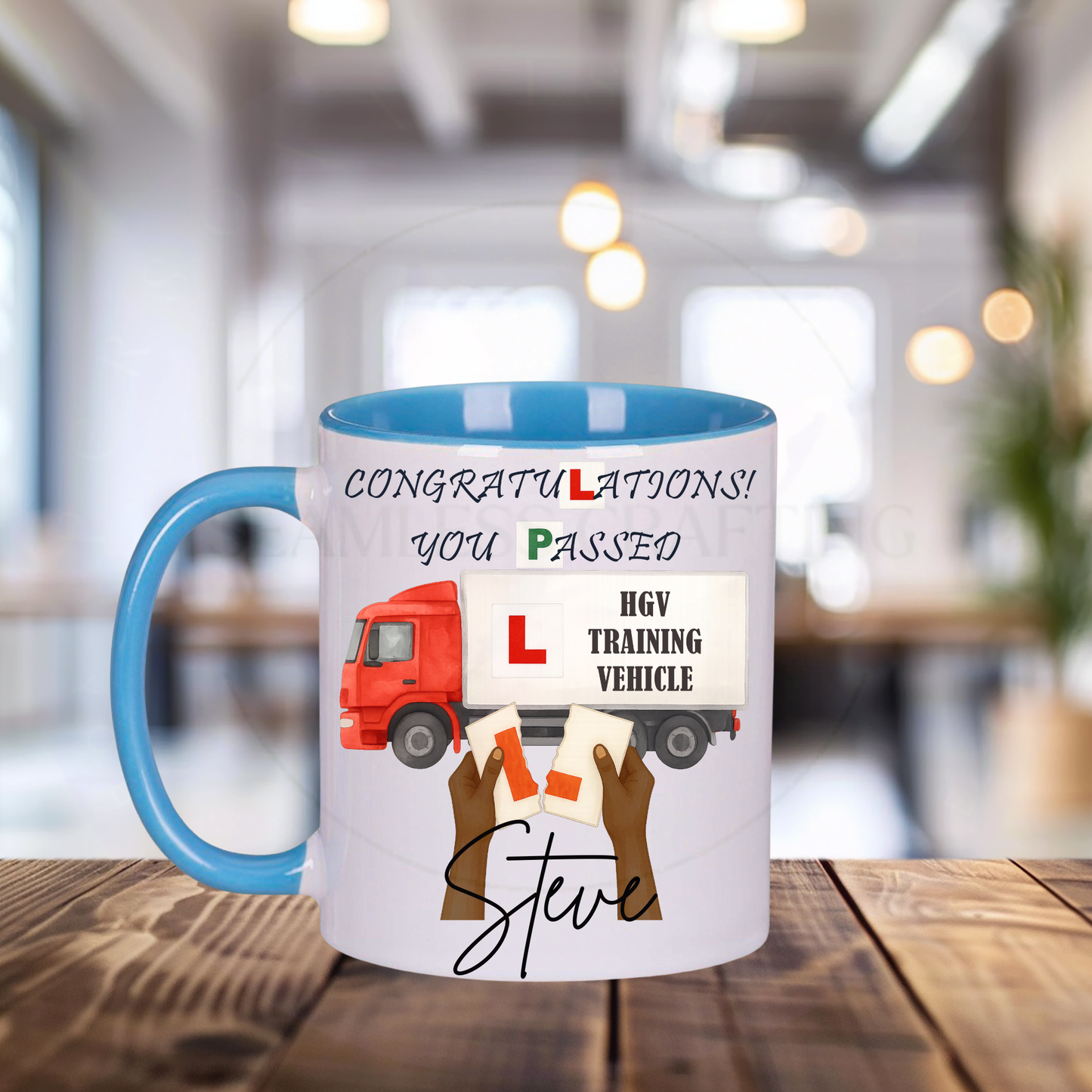 Custom HGV driver travel mug with name Smith, personalised driving test passed gift UK