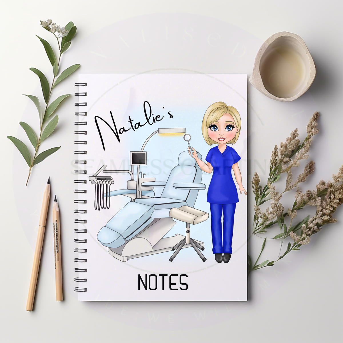 Personalised dentist A5 notebook with custom name and blue scrub dental character