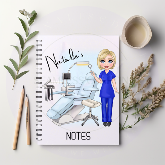 Personalised dentist A5 notebook with custom name and blue scrub dental character