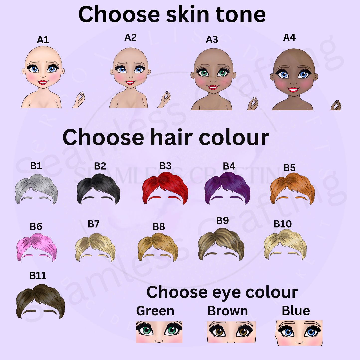 Teacher notebook customisation chart with skin tone, hair colour and eye colour choices