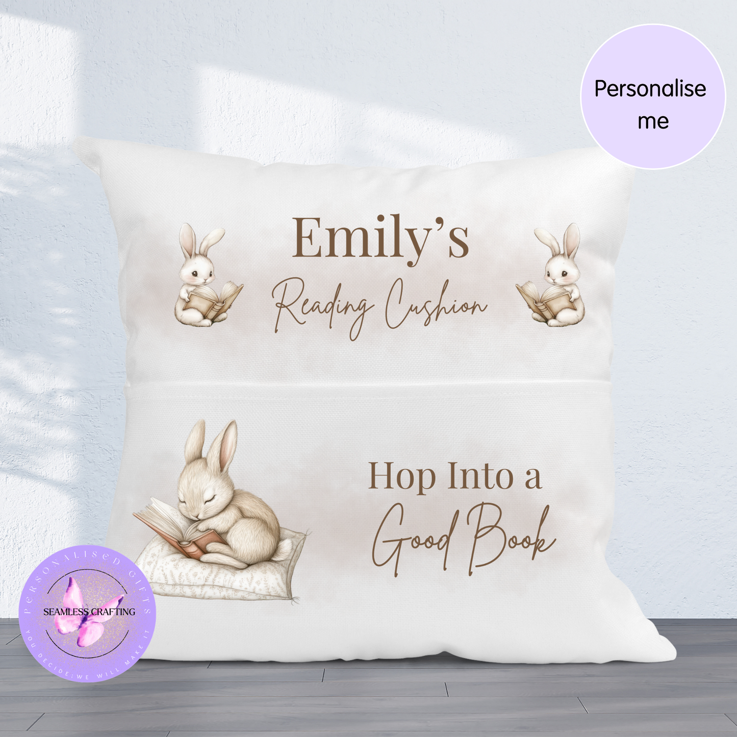 Personalised Bunny Reading Cushion with Pocket – Children’s Book Pillow Gift UK – Hop Into a Good Book