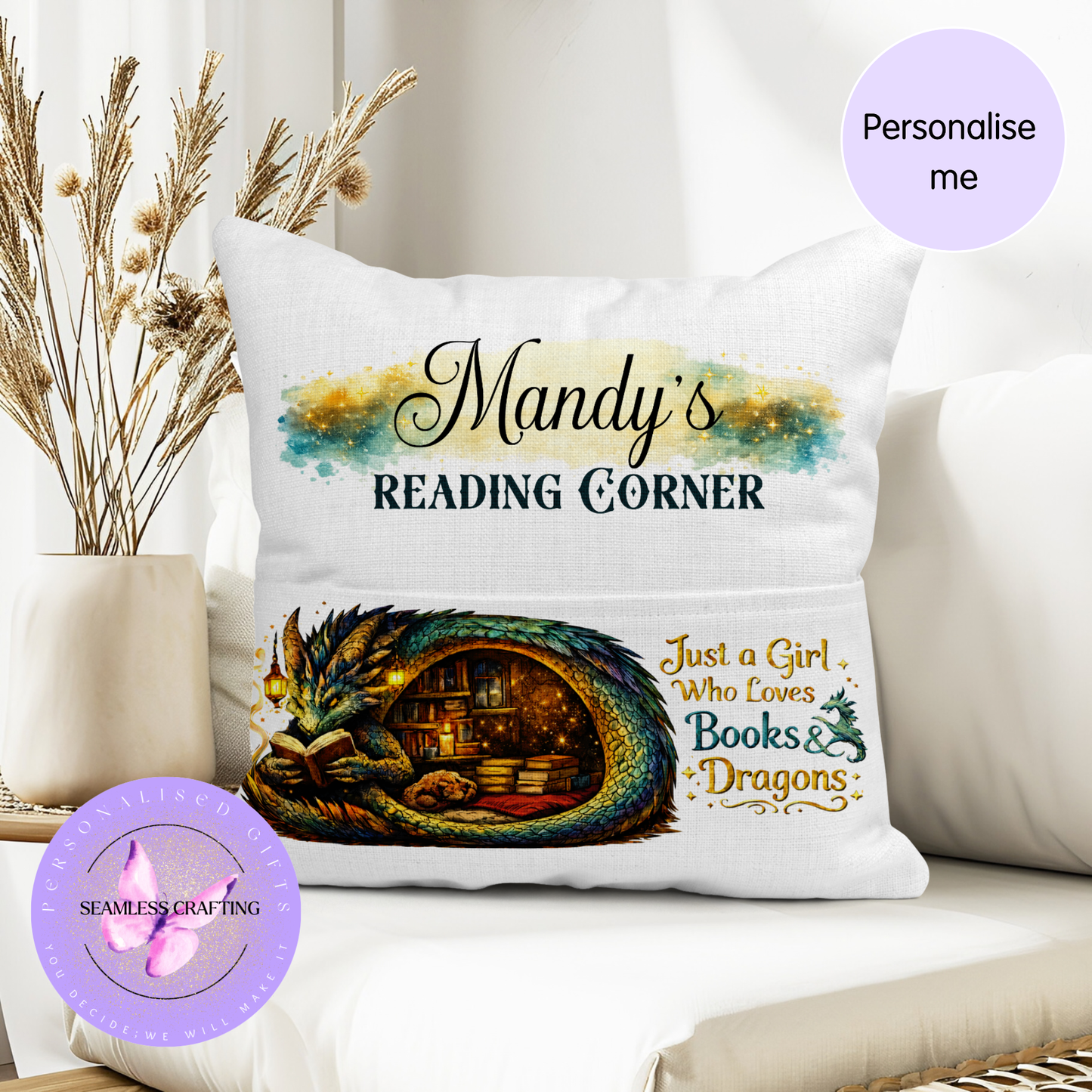 Personalised Dragon Reading Cushion | Book Lover Gift | Custom Name Reading Corner Pillow with Pocket | Fantasy Dragon Book Cushion