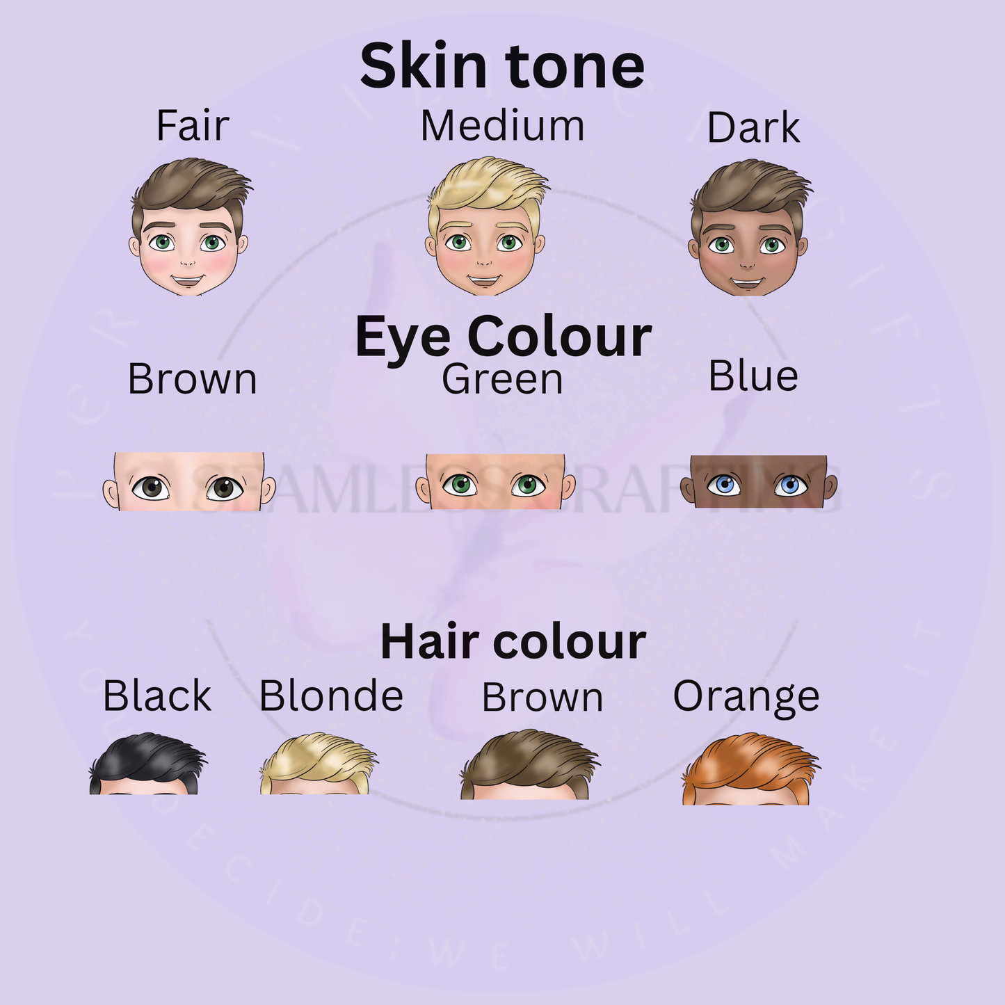 Character customisation chart for Scotland football boy bottle showing skin tone, eye colour, and hair colour choices