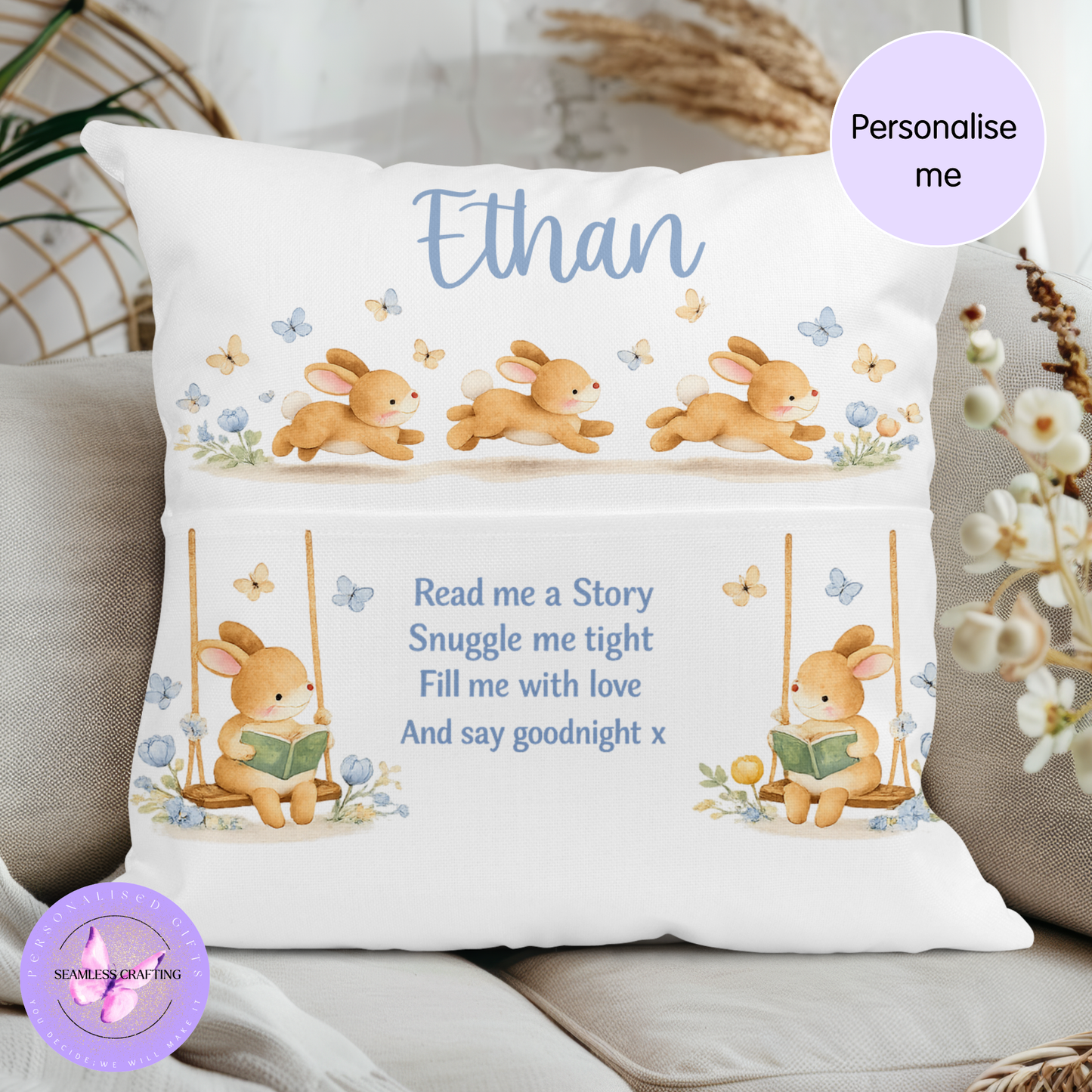 Personalised Bunny Reading Cushion with Pocket – Baby Bedtime Story Pillow – Custom Name Nursery Gift – Bunny Book Cushion