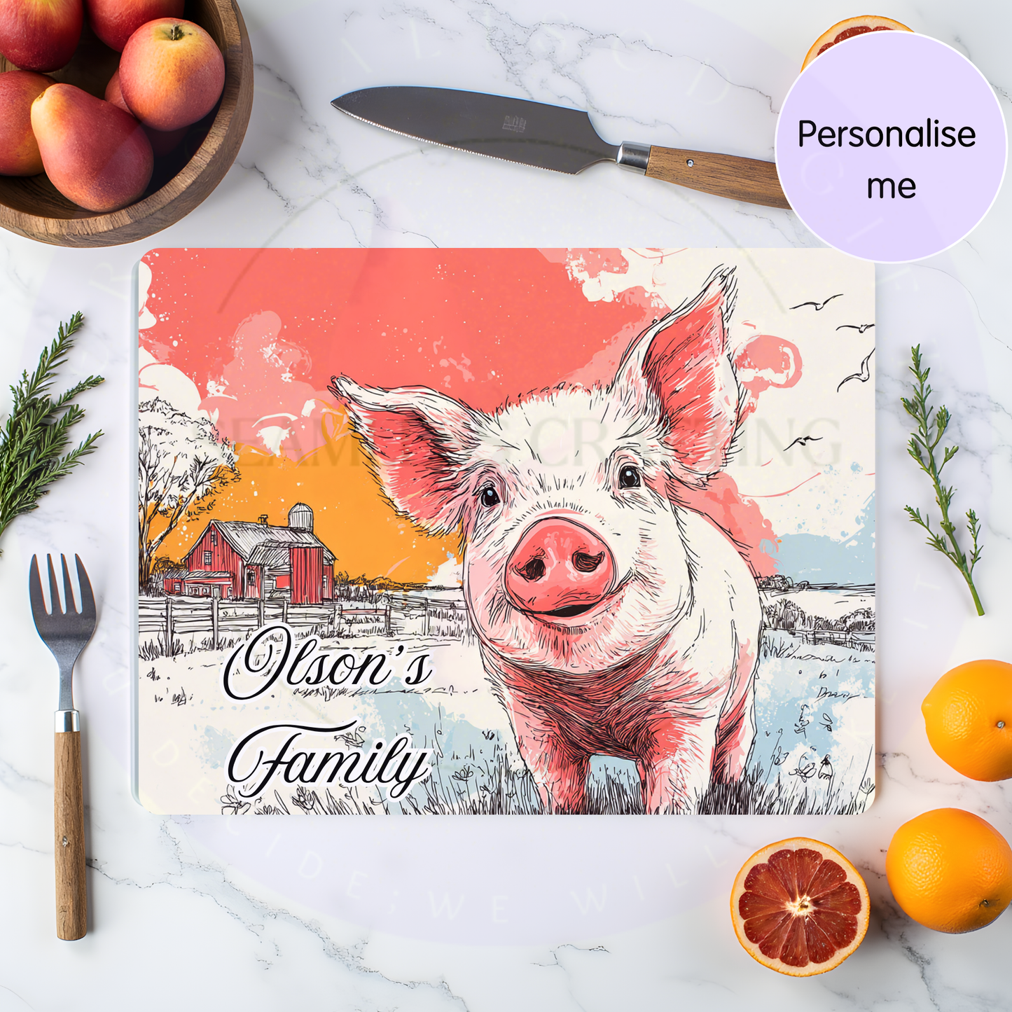 Custom name pig kitchen board heat resistant glass chopping board farmhouse decor