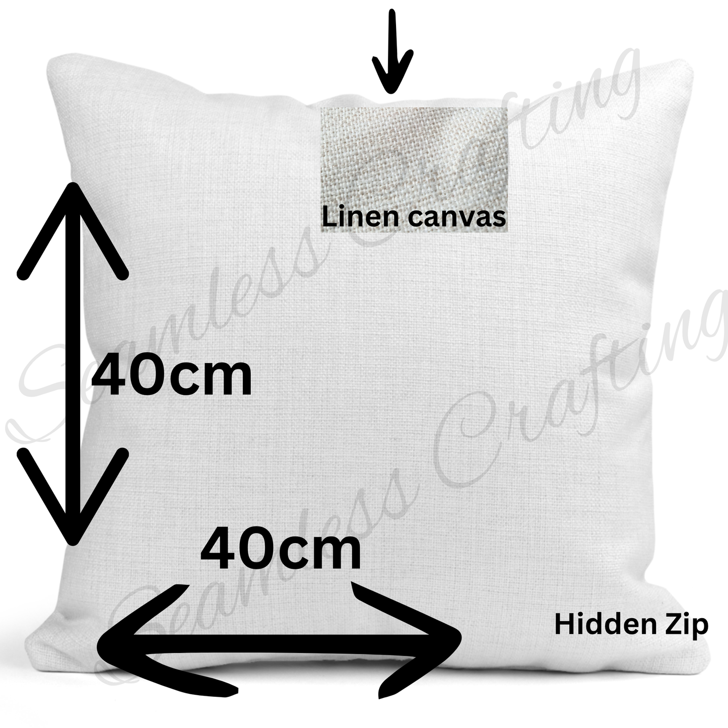 Pet photo cushion back view showing linen canvas fabric, hidden zip and 40 x 40 cm size