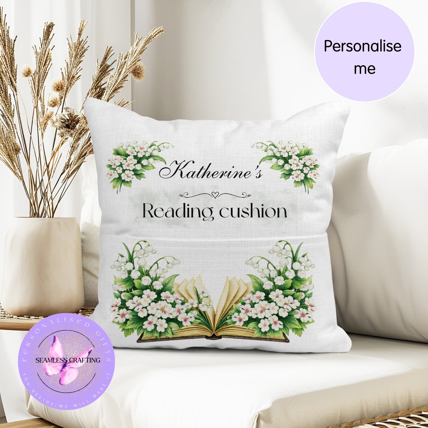 May Birth Flower Reading Cushion – Personalised Lily of the Valley Pillow with Pocket, Custom Name Gift for Book Lovers 40x40 Linen