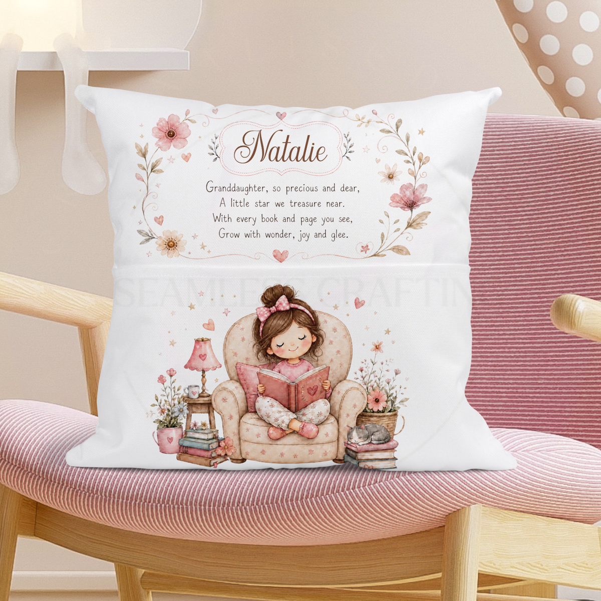 Personalised granddaughter reading cushion showing black hair character option