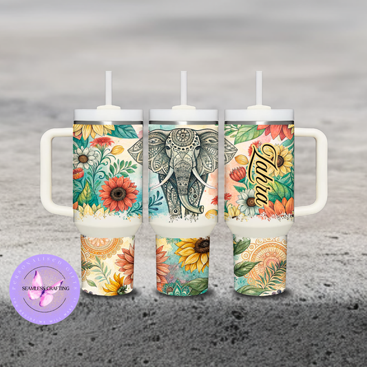 Personalised 40oz Mandala Elephant Tumbler with Handle & Straw – Floral Boho Travel Mug