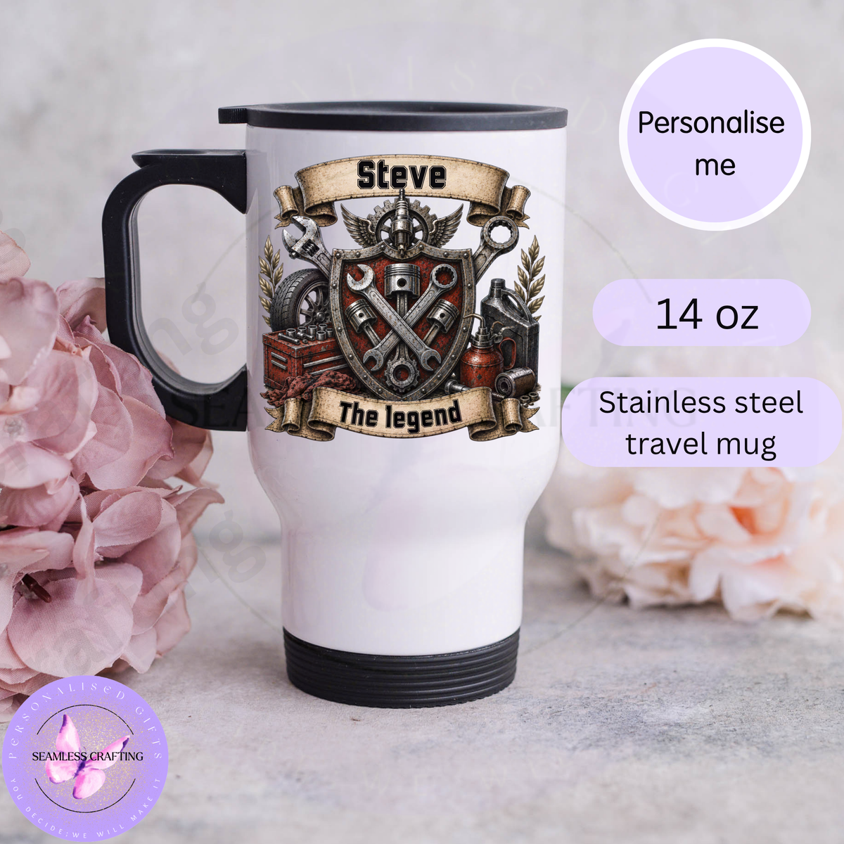 Personalised 14oz stainless steel travel mug with Steve and a vintage mechanic workshop design