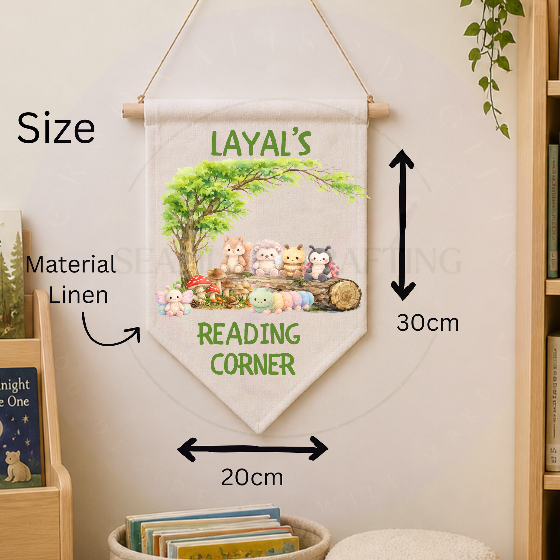 ose-up of high-quality canvas texture and printed fox illustration on a custom nursery banner.