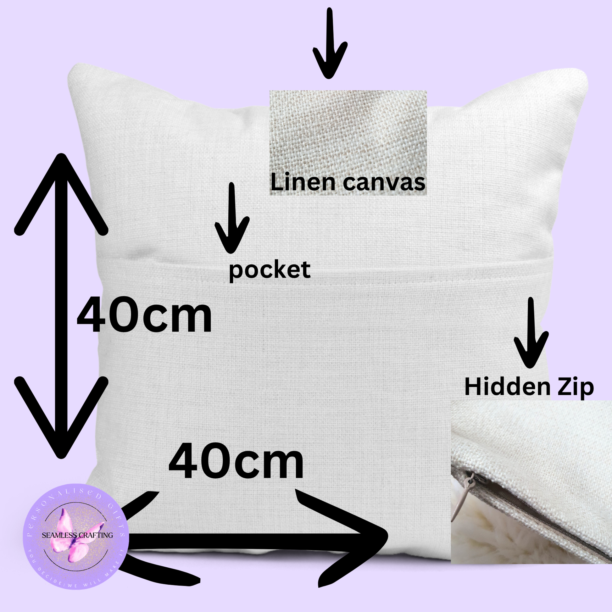 40cm linen canvas reading cushion with front book pocket and hidden zip
