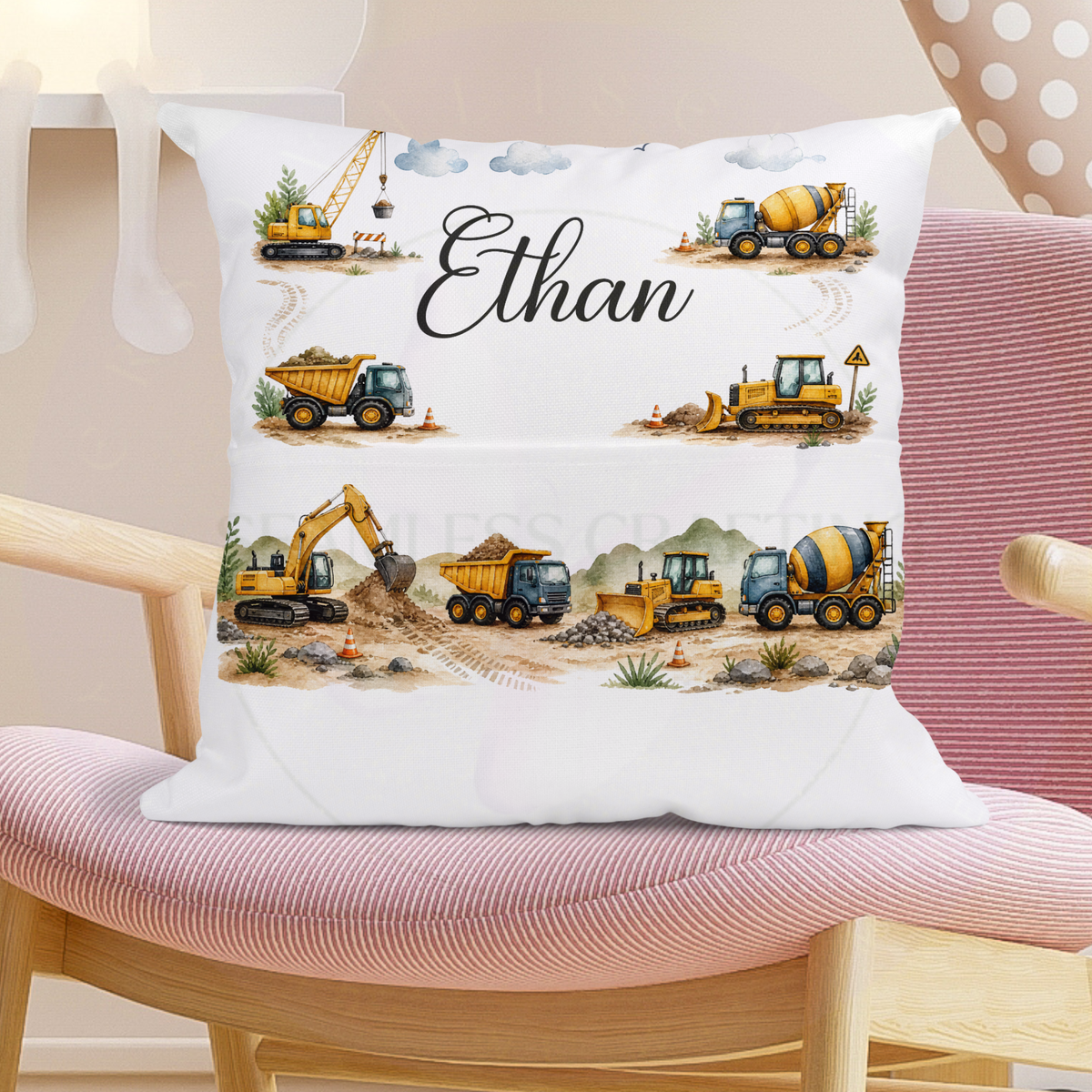Construction vehicles book pocket cushion personalised with child's name