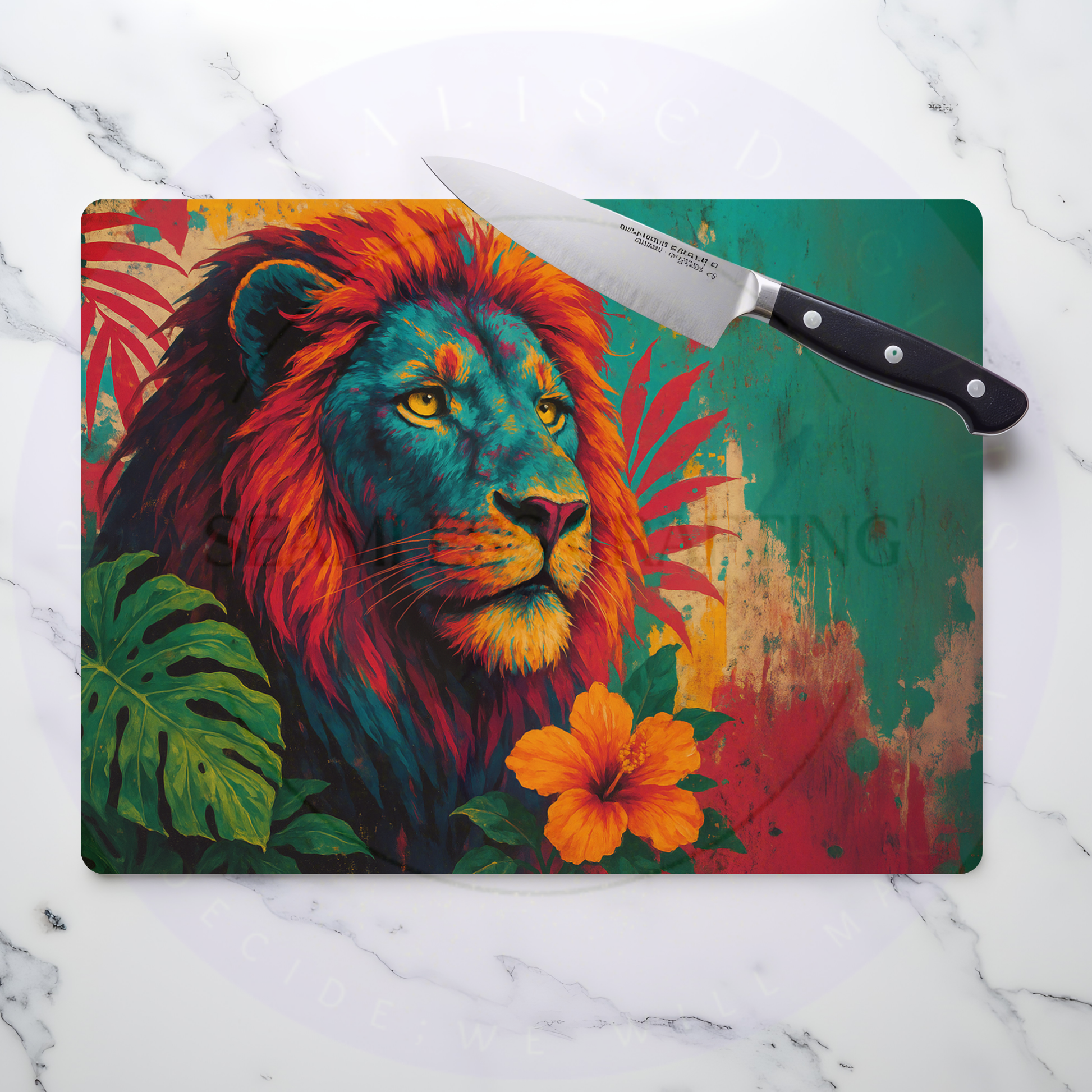 colourful lion cutting board personalised kitchen gift UK