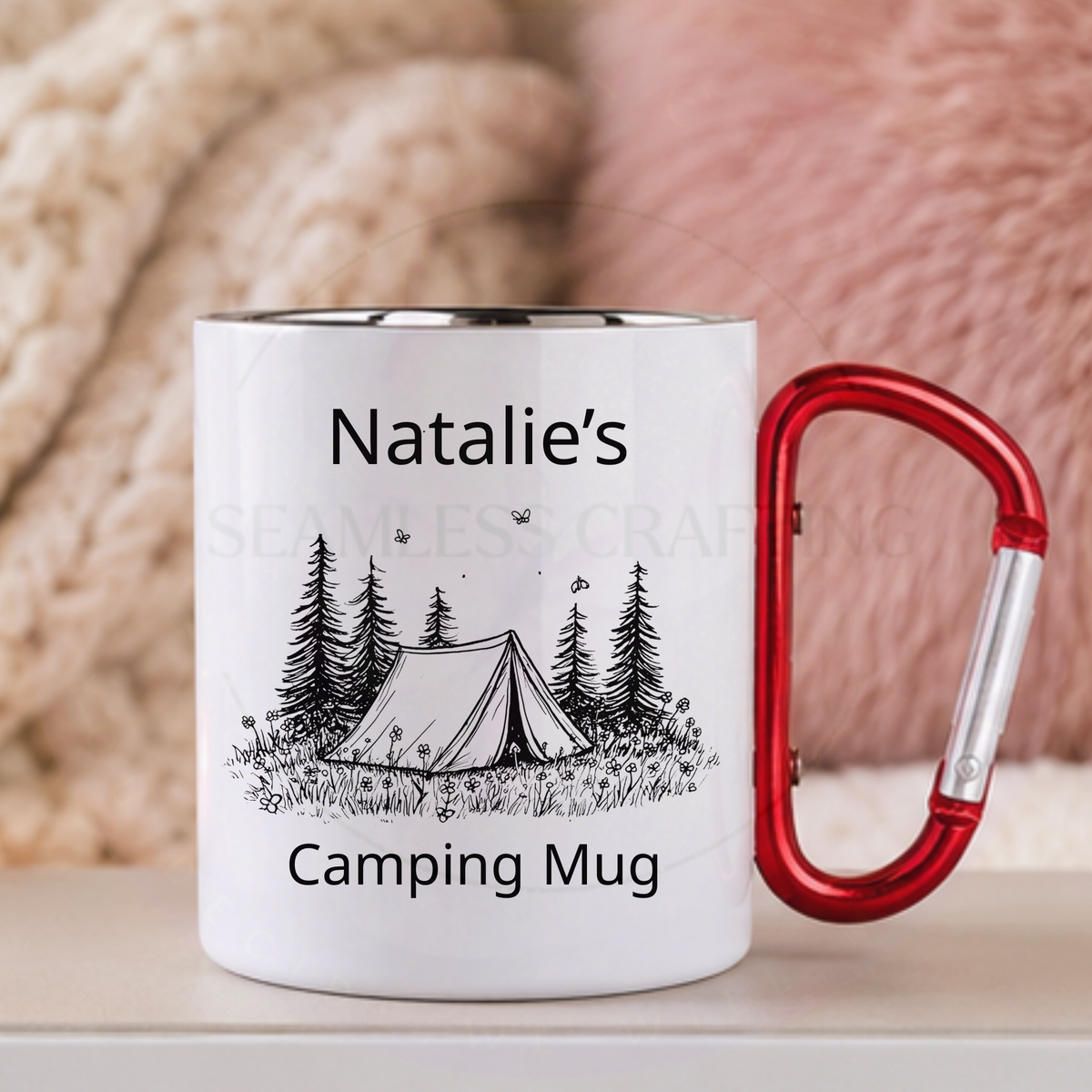 Personalised Natalie’s camping mug with outdoor tent illustration and red clip handle