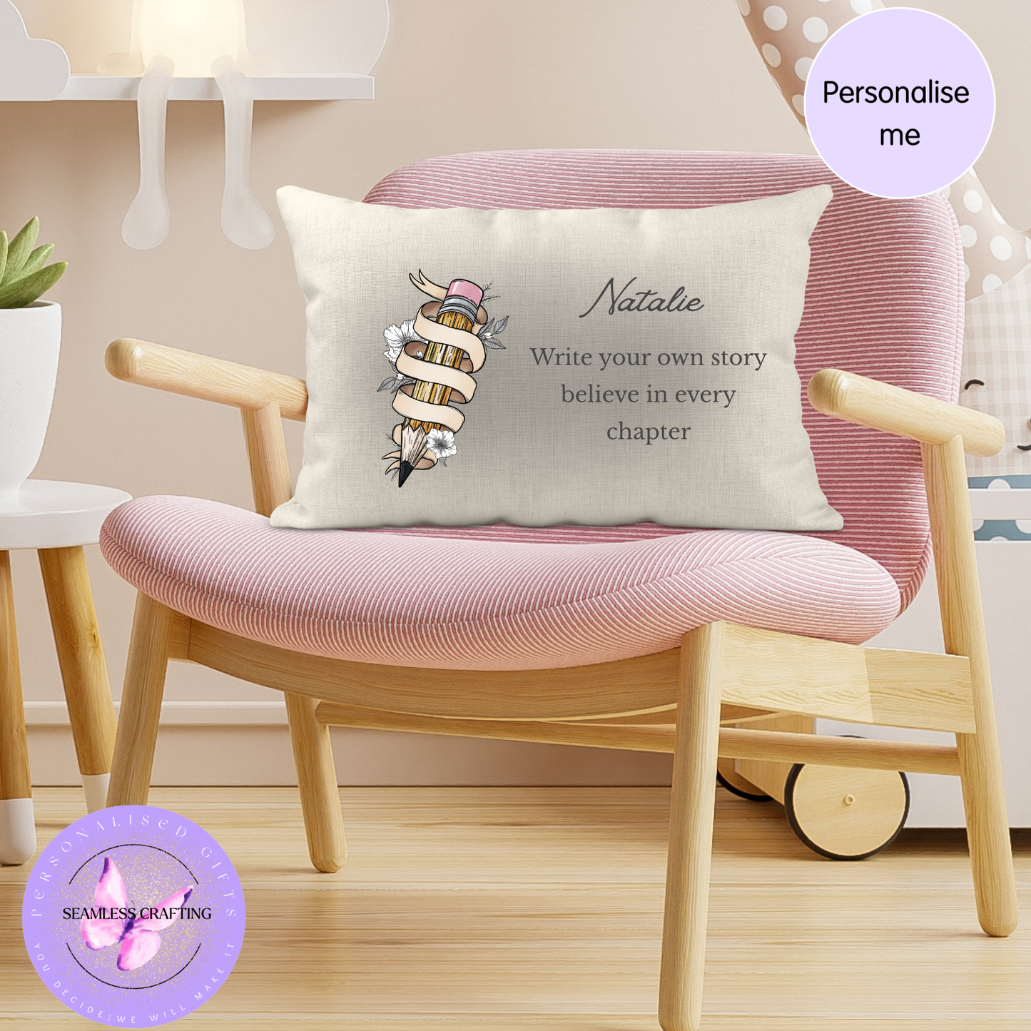 Personalised Writing Cushion 30×50cm – “Write Your Own Story” Linen Canvas Pillow – Custom Name Gift for Teachers, Writers & Students