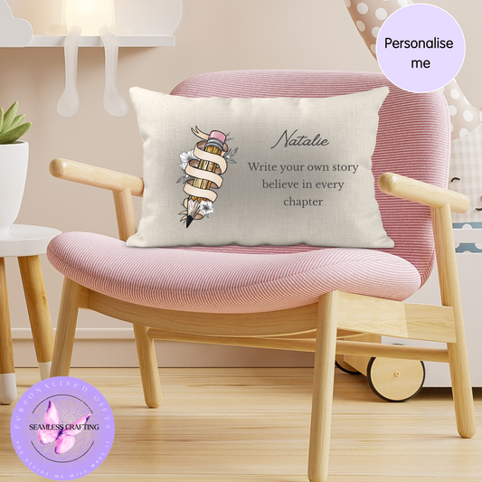 Personalised Writing Cushion 30×50cm – “Write Your Own Story” Linen Canvas Pillow – Custom Name Gift for Teachers, Writers & Students