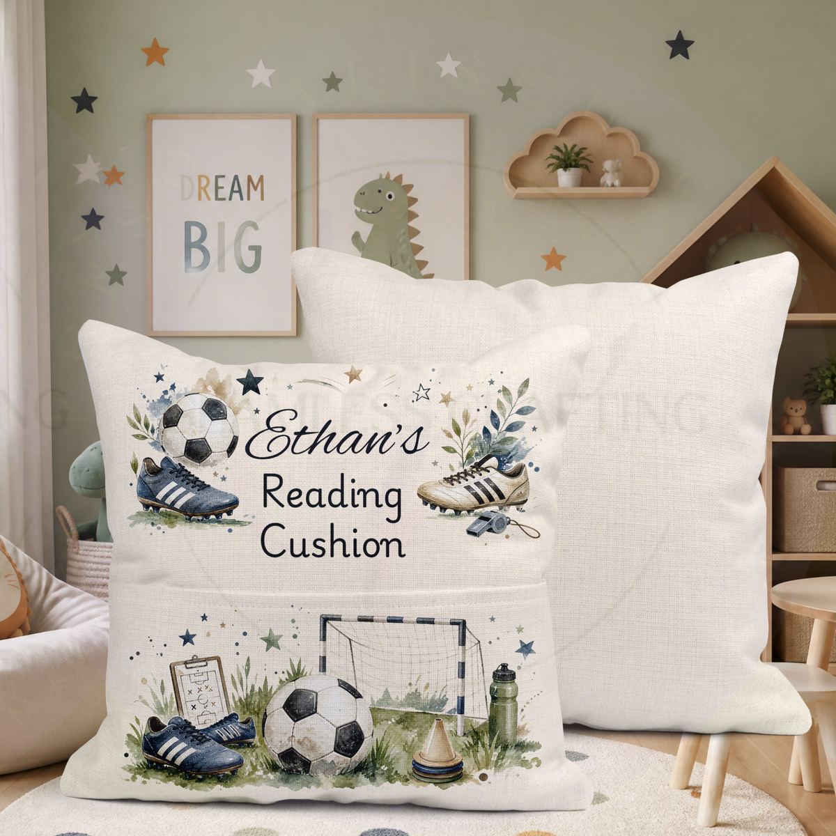 Personalised football cushion with book pocket beside plain linen canvas cushion reverse