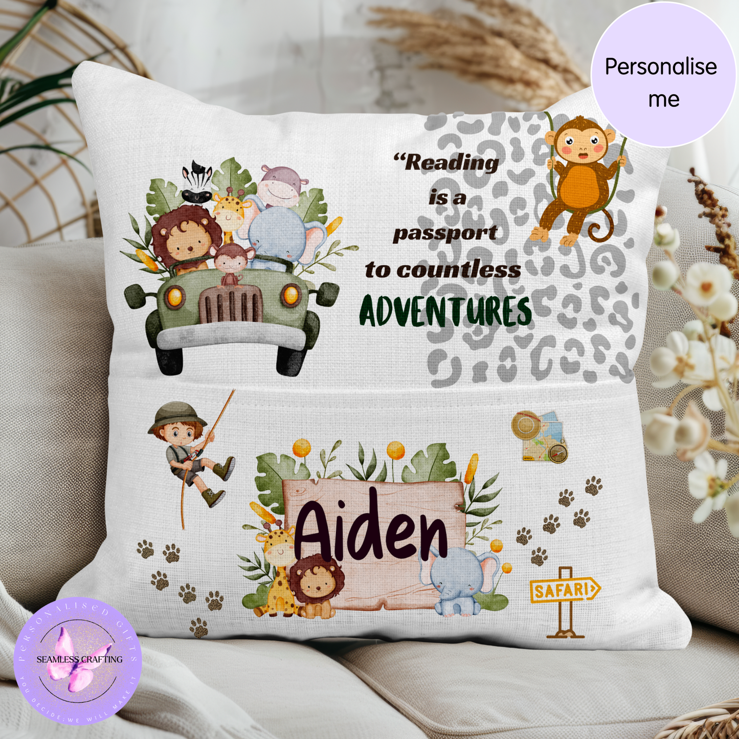 Personalised Kids Safari Reading Cushion with Pocket – Animal Book Cushion, Child’s Reading Pillow, Jungle Book Lover Gift