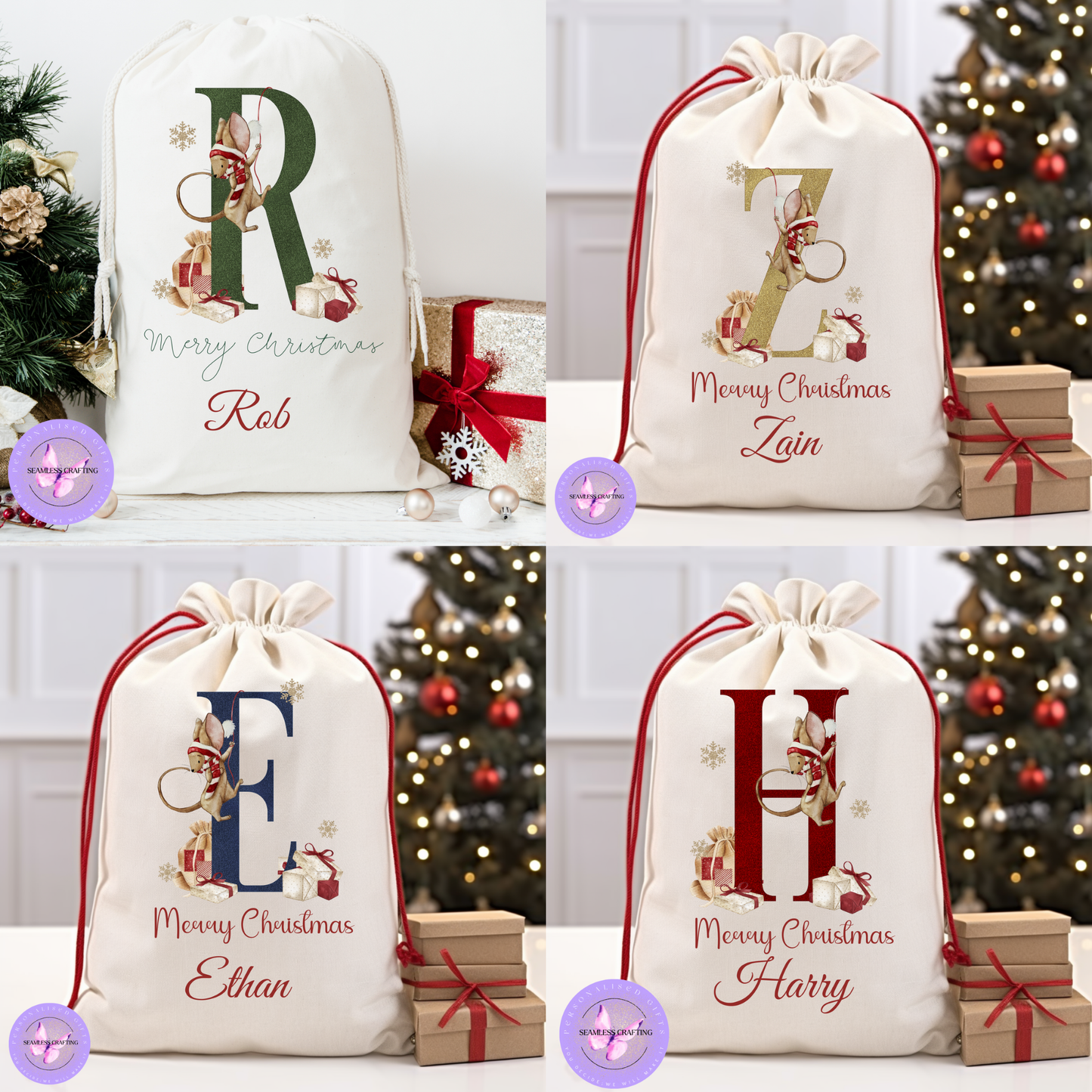 Personalised Christmas Sack & Enamel Mug Set | Custom Name Santa Gift Bag | Initial Mouse Design | Kids Xmas Eve Bag | 2 Sizes | 4 Colours
