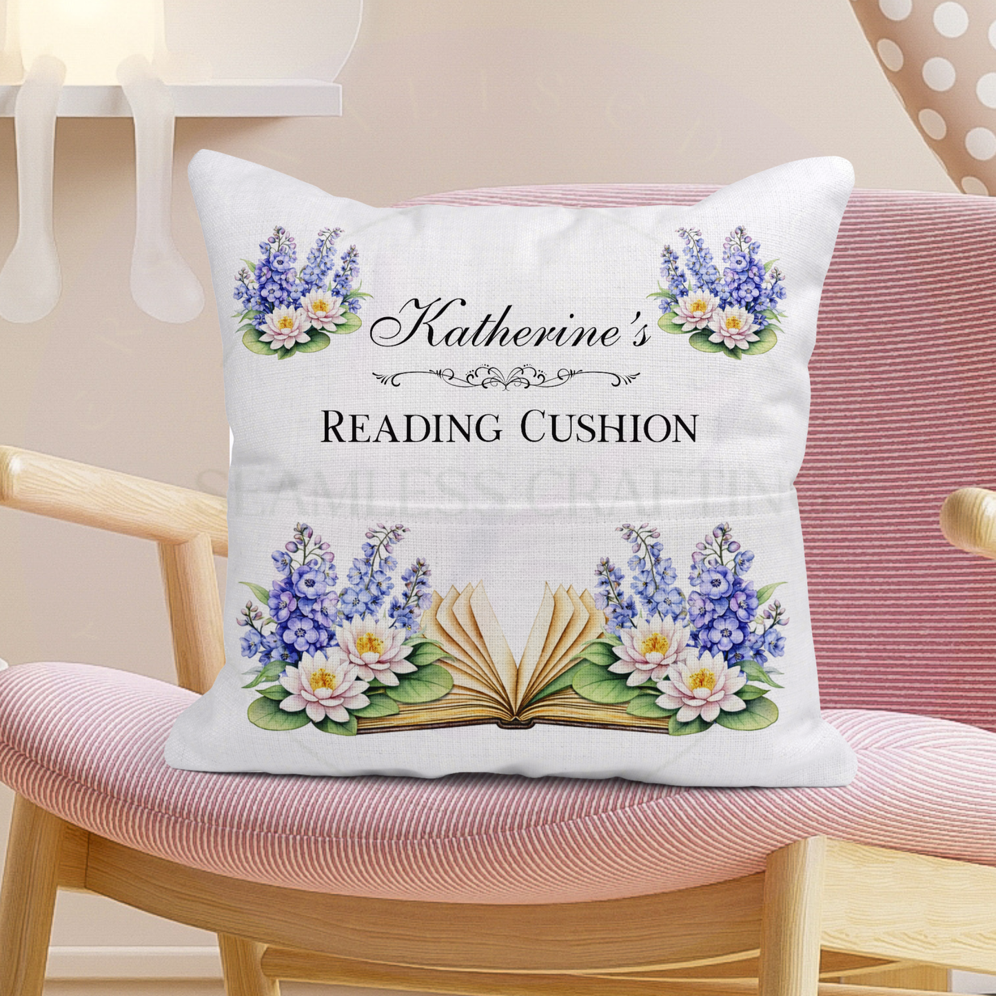 Personalised July Birth Flower Reading Cushion – Larkspur & Water Lily Book Pillow with Pocket, 40x40cm Linen Cover