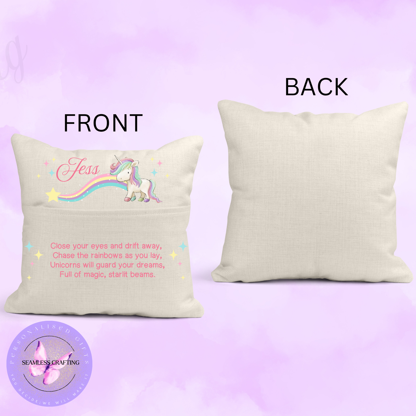 Personalised Unicorn Cushion for Girls – Custom Name Linen Pillow 40x40cm | Magical Unicorn Bedroom Decor | Dreamy Kids Cushion Cover