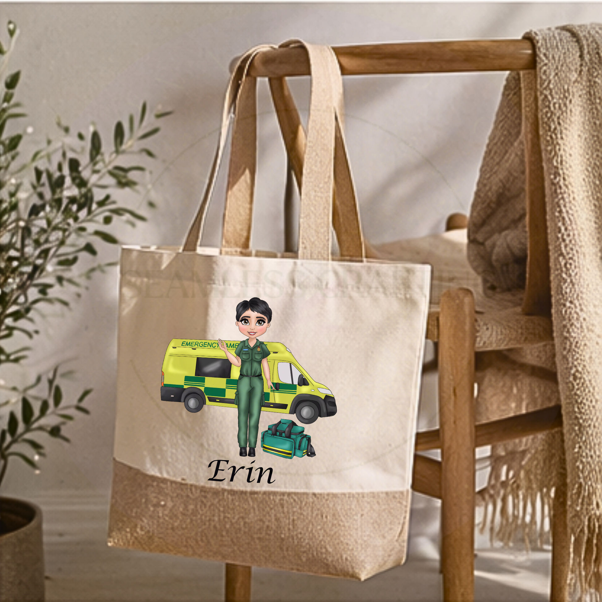 custom paramedic tote bag with ambulance and medical kit personalised name jute bag home decor setting